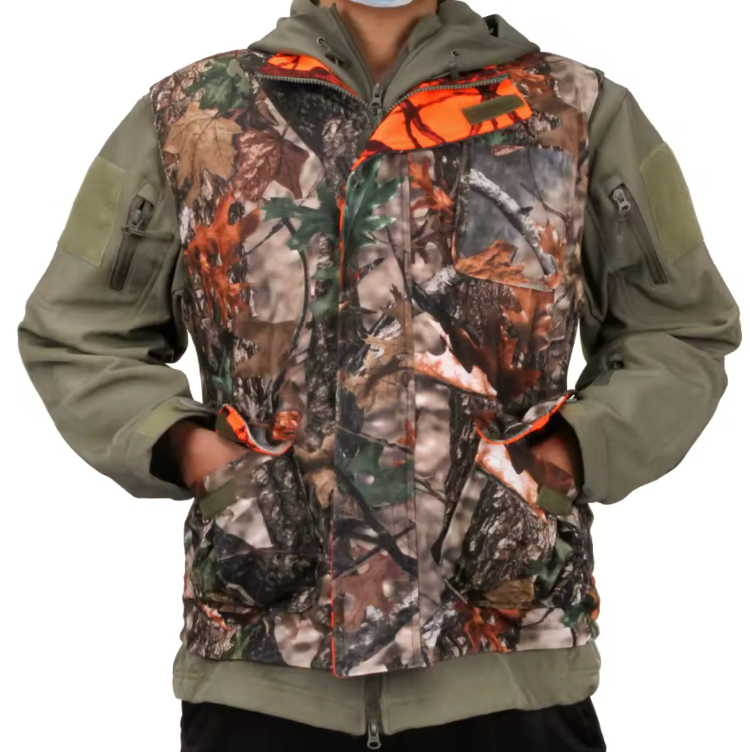 Men’s Orange Camouflage Hunting Vest – Breathable Multi-Pocket Waistcoat